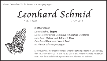 Traueranzeige von Leonhard Schmid von Pegnitz-Zeitung